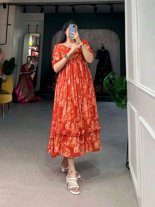 Antique Fashion 1 This georgette Floral Frock is a Must Have for Your Wardrobe     - orange, S(36)