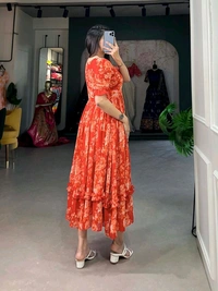 Antique Fashion 1 This georgette Floral Frock is a Must Have for Your Wardrobe     - orange, S(36)