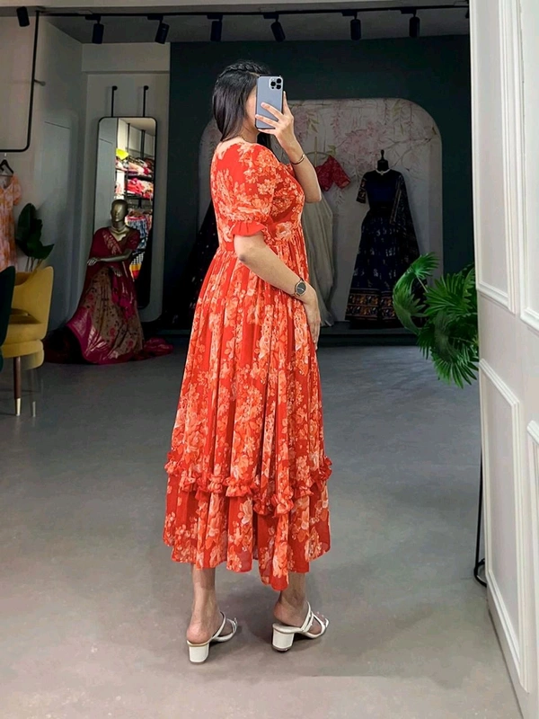 Antique Fashion 1 This georgette Floral Frock is a Must Have for Your Wardrobe     - orange, S(36)