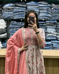 Antique Fashion 1 Featuring beautiful Heavy Suit Set which is beautifully decorated with intricate hand embroidery Zari weaving and prints  It is paired with matching pants and Lace dupatta  - L (40)
