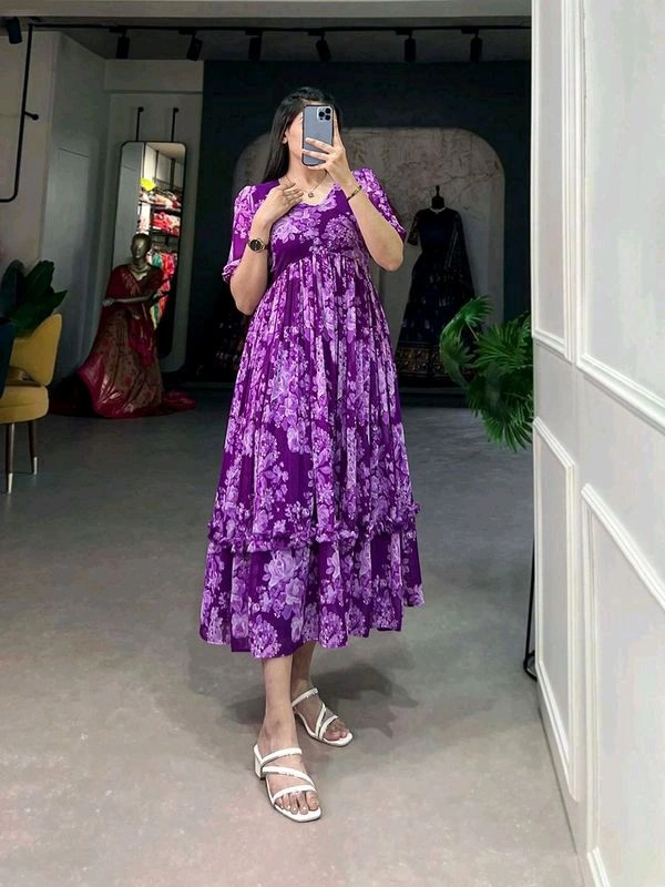 Antique Fashion 1 This georgette Floral Frock is a Must Have for Your Wardrobe     - purple, M (38)