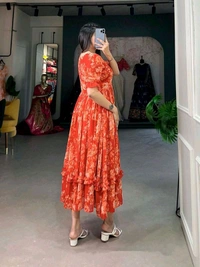 Antique Fashion 1 This georgette Floral Frock is a Must Have for Your Wardrobe     - orange, M (38)
