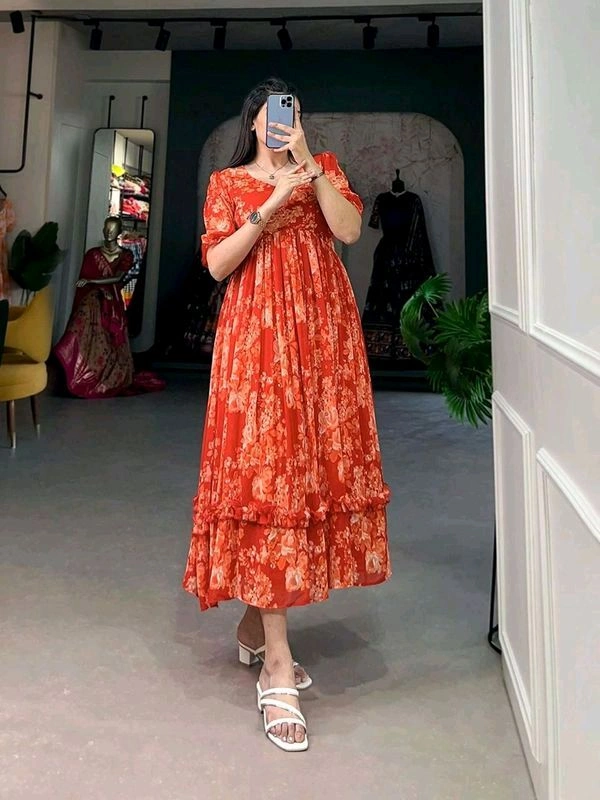 Antique Fashion 1 This georgette Floral Frock is a Must Have for Your Wardrobe     - Xl (42), orange