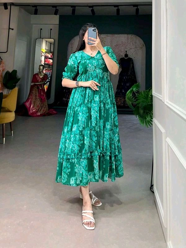Antique Fashion 1 This georgette Floral Frock is a Must Have for Your Wardrobe     - Xl (42), green