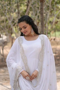 Antique Fashion 1 Desirable Women  gown Made With Faux Blooming Fabrics and Designer Embroidered Dupatta  - White, L (40)