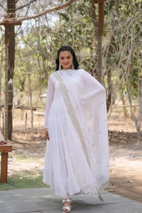 Antique Fashion 1 Desirable Women  gown Made With Faux Blooming Fabrics and Designer Embroidered Dupatta  - White, M (38)