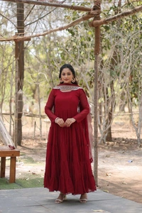 Antique Fashion 1 Desirable Women  gown Made With Faux Blooming Fabrics and Designer Embroidered Dupatta  - Maroon, M (38)