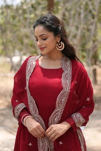 Antique Fashion 1 Desirable Women  gown Made With Faux Blooming Fabrics and Designer Embroidered Dupatta  - Maroon, L (40)