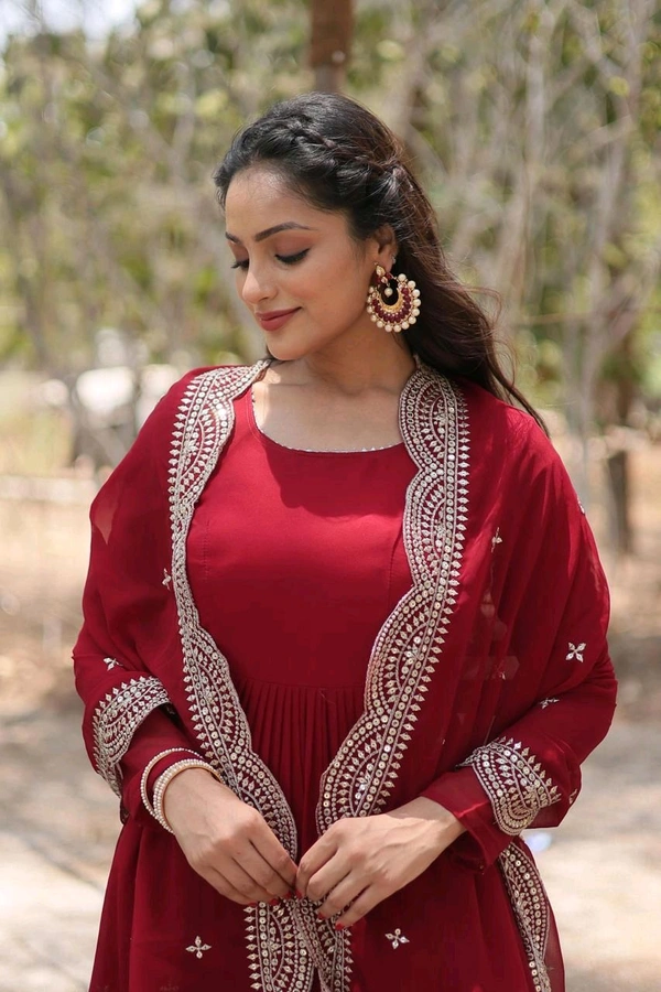 Antique Fashion 1 Desirable Women  gown Made With Faux Blooming Fabrics and Designer Embroidered Dupatta  - Maroon, L (40)