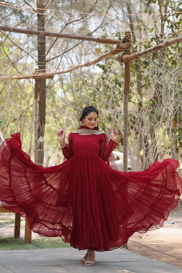 Antique Fashion 1 Desirable Women  gown Made With Faux Blooming Fabrics and Designer Embroidered Dupatta  - Maroon, Xl (42)