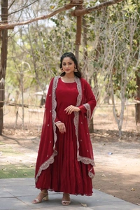 Antique Fashion 1 Desirable Women  gown Made With Faux Blooming Fabrics and Designer Embroidered Dupatta  - Maroon, Xl (42)