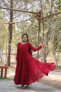 Antique Fashion 1 Desirable Women  gown Made With Faux Blooming Fabrics and Designer Embroidered Dupatta  - Maroon, Xl (42)