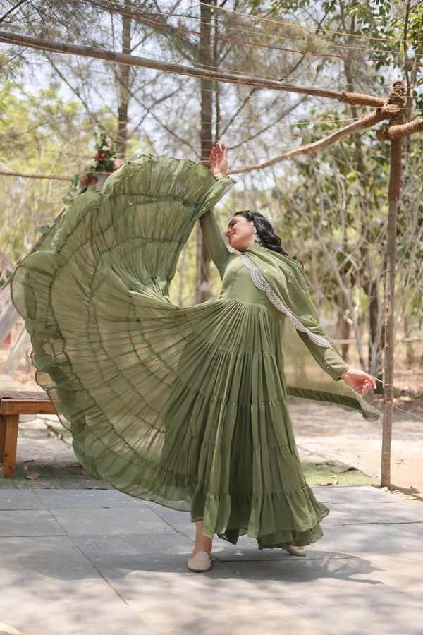 Antique Fashion 1 Desirable Women  gown Made With Faux Blooming Fabrics and Designer Embroidered Dupatta  - mehandi, L (40)