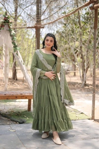 Antique Fashion 1 Desirable Women  gown Made With Faux Blooming Fabrics and Designer Embroidered Dupatta  - mehandi, Xl (42)