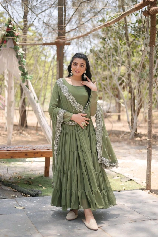 Antique Fashion 1 Desirable Women  gown Made With Faux Blooming Fabrics and Designer Embroidered Dupatta  - mehandi, Xl (42)