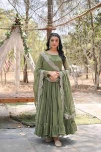 Antique Fashion 1 Desirable Women  gown Made With Faux Blooming Fabrics and Designer Embroidered Dupatta  - mehandi, Xl (42)