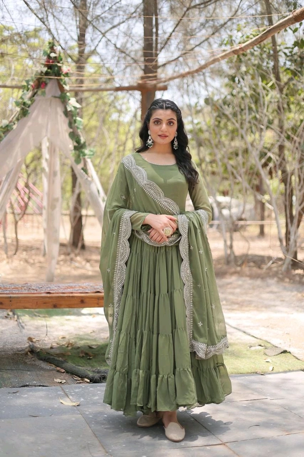 Antique Fashion 1 Desirable Women  gown Made With Faux Blooming Fabrics and Designer Embroidered Dupatta  - mehandi, Xl (42)