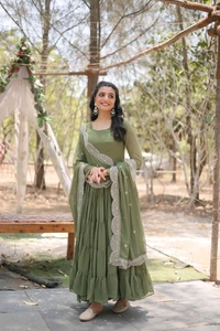 Antique Fashion 1 Desirable Women  gown Made With Faux Blooming Fabrics and Designer Embroidered Dupatta  - mehandi, Xl (42)