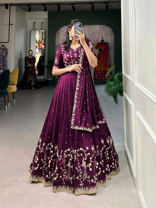 Antique Fashion  Simple yet stunning  Our wine colored Vichitra Silk Lehenga Cholinfeaturing delicate sequin and thread embroidery for a sophisticated look  - Note :- Flair :- 4.5 Meter