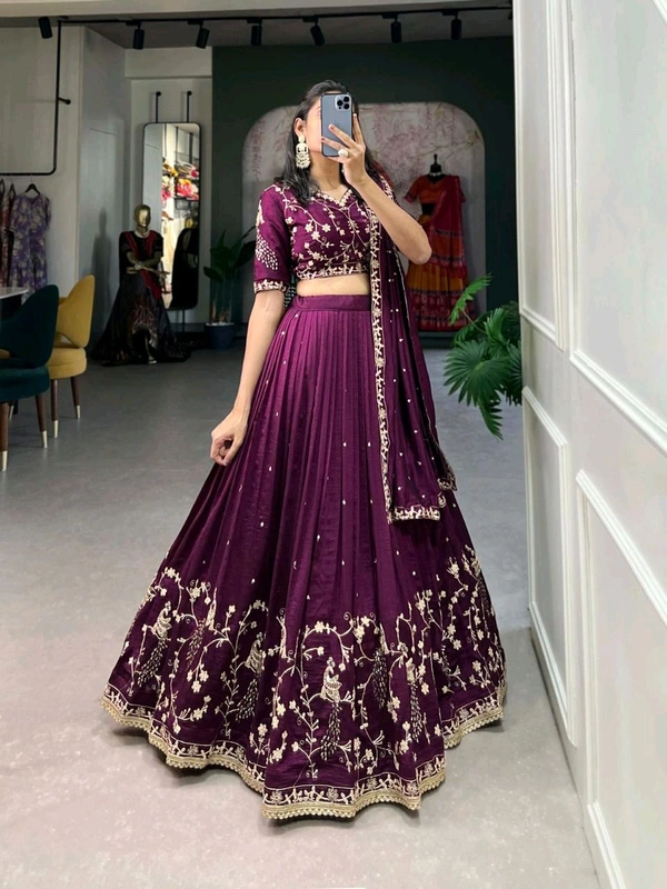 Antique Fashion  Simple yet stunning  Our wine colored Vichitra Silk Lehenga Cholinfeaturing delicate sequin and thread embroidery for a sophisticated look  - Note :- Flair :- 4.5 Meter