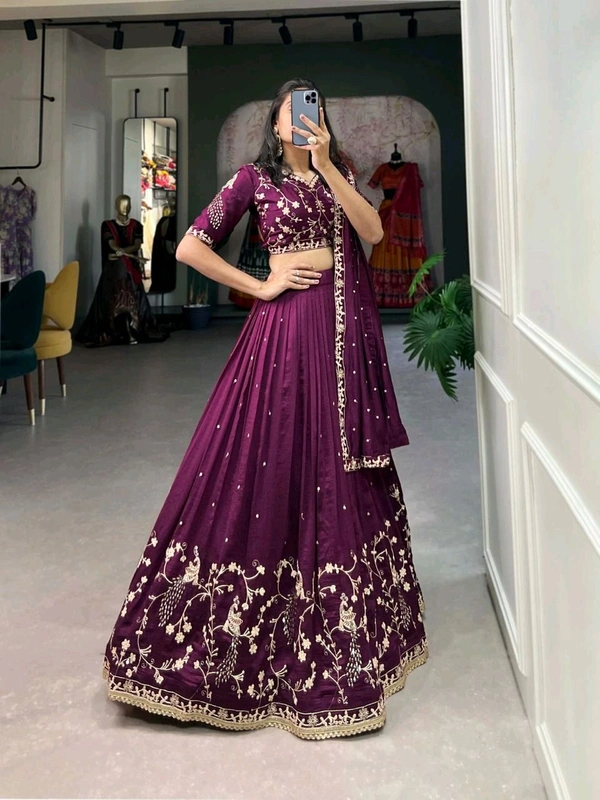 Antique Fashion  Simple yet stunning  Our wine colored Vichitra Silk Lehenga Cholinfeaturing delicate sequin and thread embroidery for a sophisticated look  - Note :- Flair :- 4.5 Meter