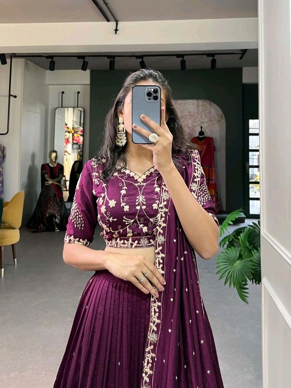 Antique Fashion  Simple yet stunning  Our wine colored Vichitra Silk Lehenga Cholinfeaturing delicate sequin and thread embroidery for a sophisticated look  - Note :- Flair :- 4.5 Meter