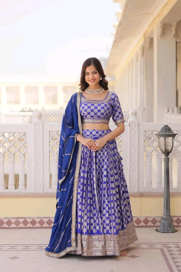 Antique Fashion 1 Designer Dyeable Pure Viscose Jacquard fabric Lehenga Choli  Dupatta Set With Sequins Embroidered Work This Attractive Party Wear Silk Lehenga choli has a Regular fit and is Made From High Grade Fabrics And Yarn - colour 1