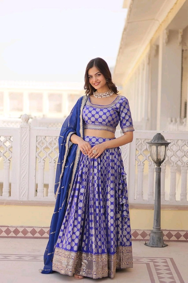 Antique Fashion 1 Designer Dyeable Pure Viscose Jacquard fabric Lehenga Choli  Dupatta Set With Sequins Embroidered Work This Attractive Party Wear Silk Lehenga choli has a Regular fit and is Made From High Grade Fabrics And Yarn - colour 1