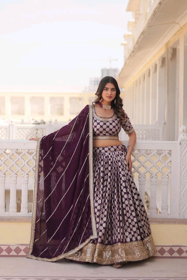 Antique Fashion 1 Designer Dyeable Pure Viscose Jacquard fabric Lehenga Choli  Dupatta Set With Sequins Embroidered Work This Attractive Party Wear Silk Lehenga choli has a Regular fit and is Made From High Grade Fabrics And Yarn - colour 3