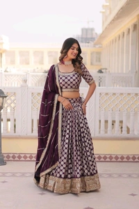Antique Fashion 1 Designer Dyeable Pure Viscose Jacquard fabric Lehenga Choli  Dupatta Set With Sequins Embroidered Work This Attractive Party Wear Silk Lehenga choli has a Regular fit and is Made From High Grade Fabrics And Yarn - colour 3