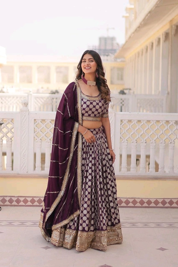 Antique Fashion 1 Designer Dyeable Pure Viscose Jacquard fabric Lehenga Choli  Dupatta Set With Sequins Embroidered Work This Attractive Party Wear Silk Lehenga choli has a Regular fit and is Made From High Grade Fabrics And Yarn - colour 3