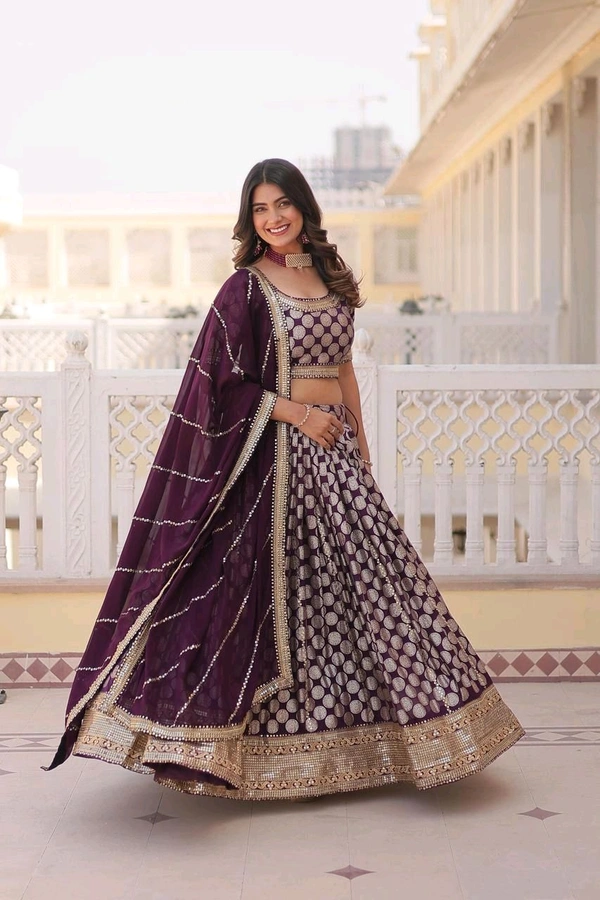 Antique Fashion 1 Designer Dyeable Pure Viscose Jacquard fabric Lehenga Choli  Dupatta Set With Sequins Embroidered Work This Attractive Party Wear Silk Lehenga choli has a Regular fit and is Made From High Grade Fabrics And Yarn - colour 3