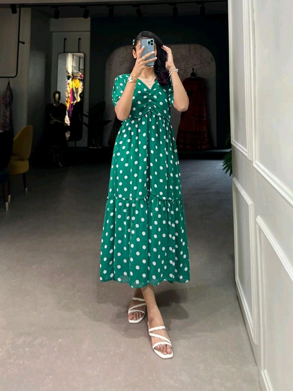 Antique Fashion 1 Step Back in Time with Our Vintage Polka Dots Print Georgette Long Frock   The Perfect Blend of Retro Charm and Modern Elegance  - colour 1