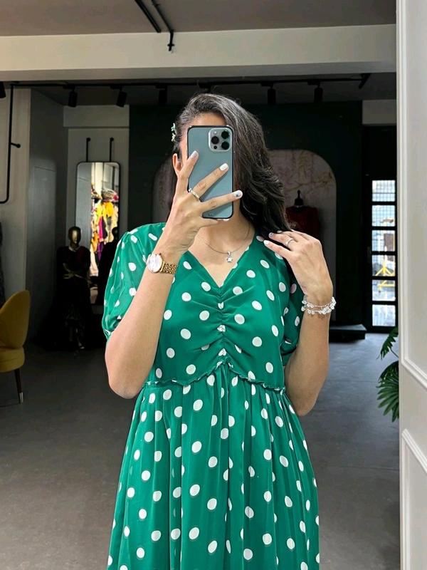 Antique Fashion 1 Step Back in Time with Our Vintage Polka Dots Print Georgette Long Frock   The Perfect Blend of Retro Charm and Modern Elegance  - colour 1