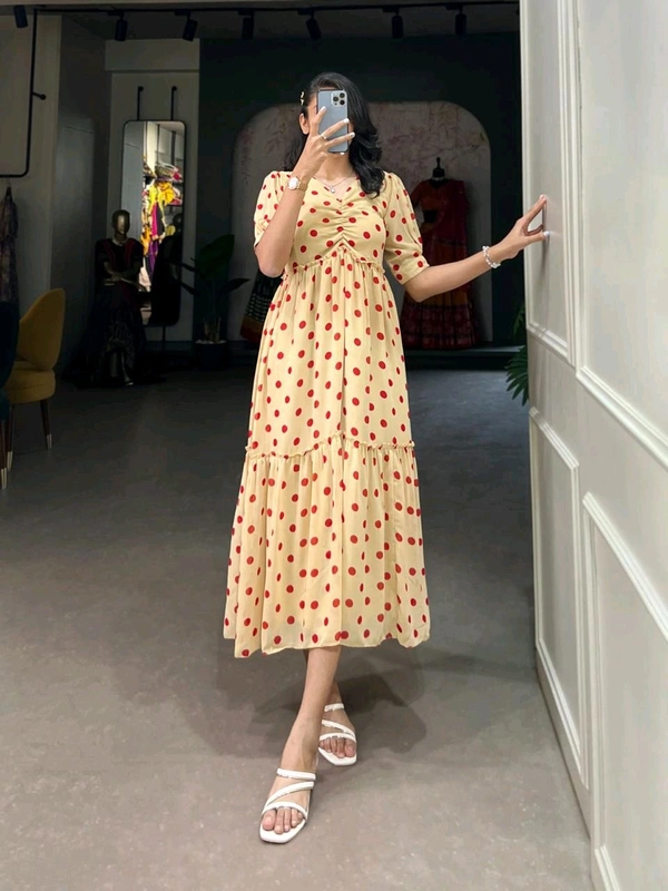 Antique Fashion 1 Step Back in Time with Our Vintage Polka Dots Print Georgette Long Frock   The Perfect Blend of Retro Charm and Modern Elegance  - colour 4