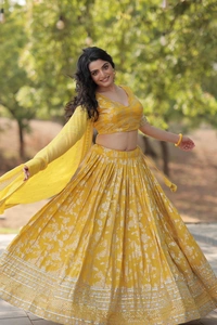 Antique Fashion 1 Colours On Customer Demand in This Designer Dyeable Pure Viscose Jacquard fabric Lehenga Choli  Dupatta Set - yellow