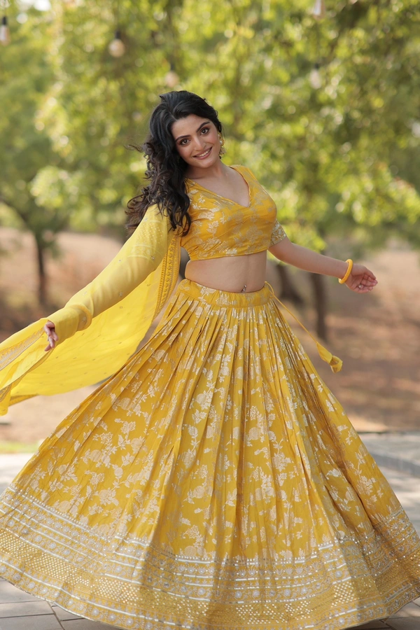 Antique Fashion 1 Colours On Customer Demand in This Designer Dyeable Pure Viscose Jacquard fabric Lehenga Choli  Dupatta Set - yellow