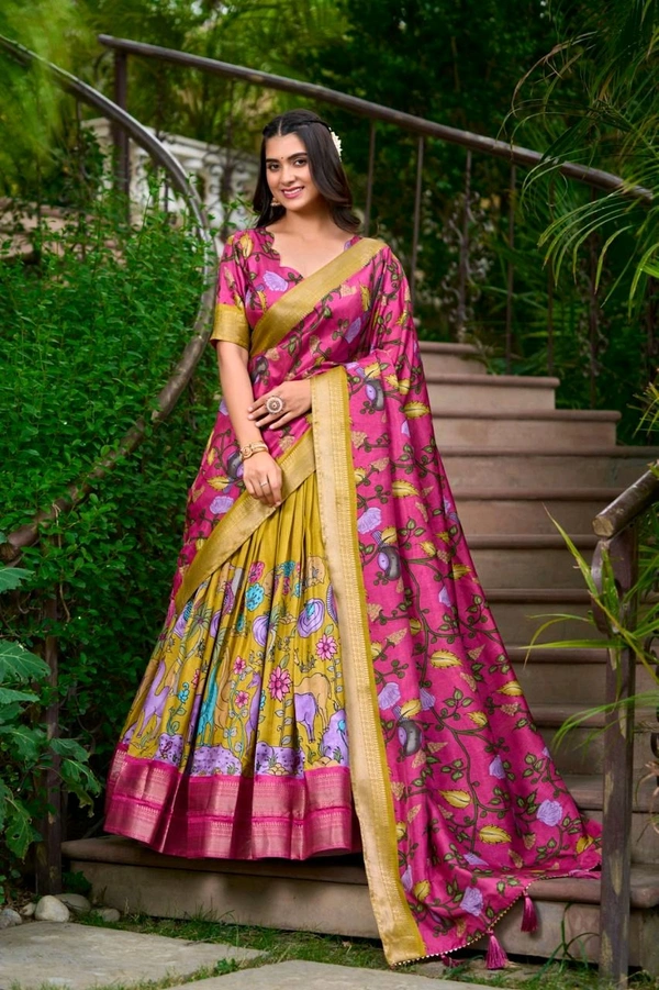Antique Fashion 1 Subtle shades  bold heritage  Kalamkari Dola silk charm  - colour 3, Unstitched Blouse