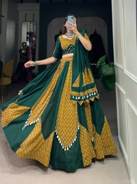 Antique Fashion 1 Step into the Festive Season with a Mustard  Green Cotton Chaniya Choli  Plain with Printed Kali and Beautiful Cowrie  Kodi  Work Embrace the Joy and Elegance of Mahendi  - 