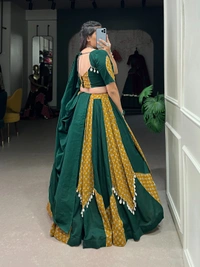 Antique Fashion 1 Step into the Festive Season with a Mustard  Green Cotton Chaniya Choli  Plain with Printed Kali and Beautiful Cowrie  Kodi  Work Embrace the Joy and Elegance of Mahendi  - 