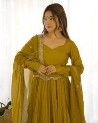 Antique Fashion 1 QUALITY PURE ROMANSILK CHANDERI FABRIC FULLY FLAIR ANARKALI,WITH DUPPTA SET,PENT READY TO WEAR - Xs (34), color 4