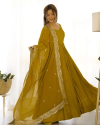 Antique Fashion 1 QUALITY PURE ROMANSILK CHANDERI FABRIC FULLY FLAIR ANARKALI,WITH DUPPTA SET,PENT READY TO WEAR - M (38), color 4