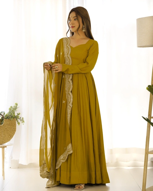 Antique Fashion 1 QUALITY PURE ROMANSILK CHANDERI FABRIC FULLY FLAIR ANARKALI,WITH DUPPTA SET,PENT READY TO WEAR - S (36), color 4