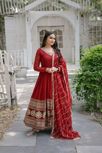 Antique Fashion 1 Faux Blooming Gown with Dupatta With Attractive Embroidered Sequins work with Lace Border - Maroon, M (38)