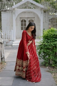 Antique Fashion 1 Faux Blooming Gown with Dupatta With Attractive Embroidered Sequins work with Lace Border - Maroon, Xxl