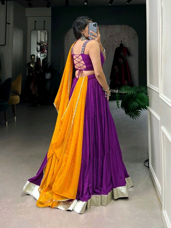 Antique Fashion 1 Pure Rayon Perfection Plain Lehengacholi with Embossed Lace Border and Bandhej Accents   - colour 3