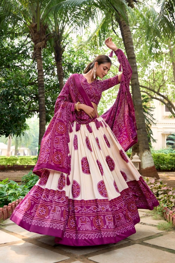 Antique Fashion 1 Artistry in Silk: Tussar Lehenga Choli with Bandhej Print  - wine, Unstitched Blouse