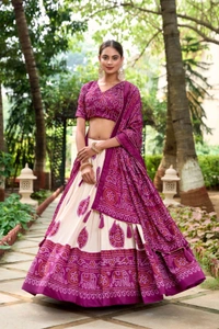 Antique Fashion 1 Artistry in Silk: Tussar Lehenga Choli with Bandhej Print  - wine, Unstitched Blouse