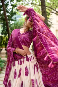Antique Fashion 1 Artistry in Silk: Tussar Lehenga Choli with Bandhej Print  - wine, Unstitched Blouse