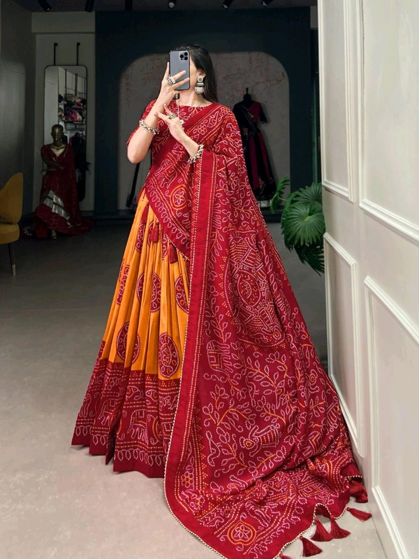 Antique Fashion 1 Artistry in Silk: Tussar Lehenga Choli with Bandhej Print  - mustard, Unstitched Blouse